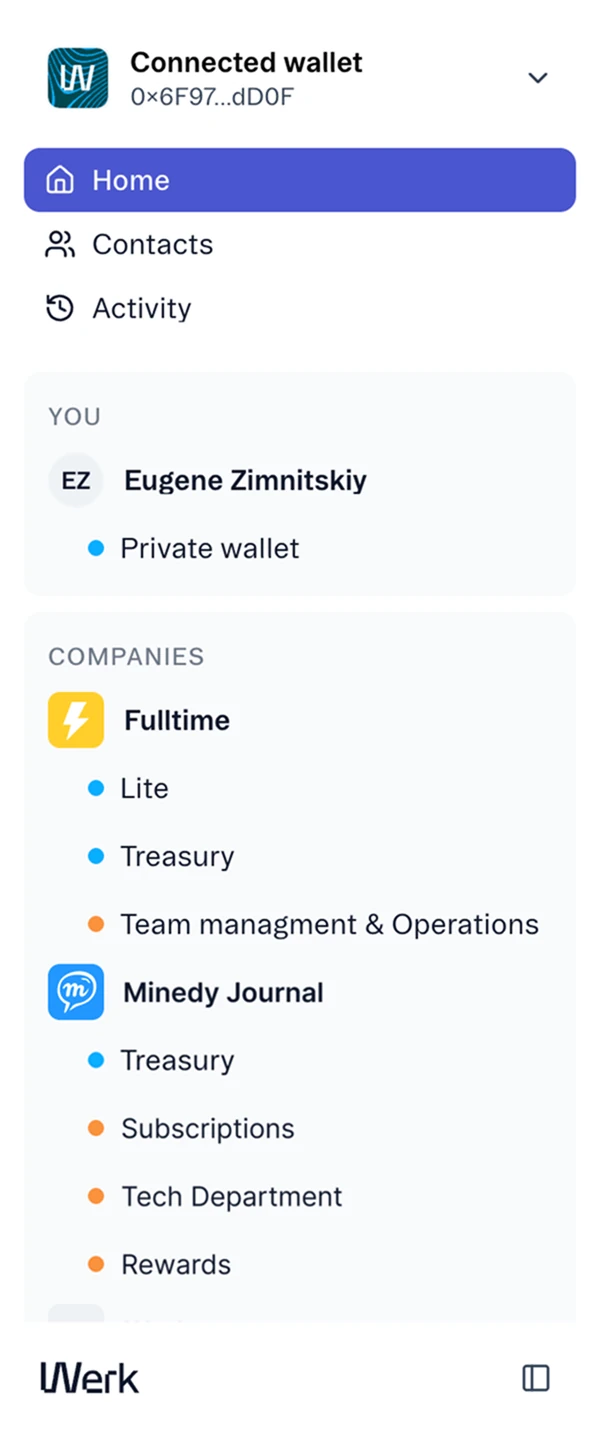 Werk sidebar: connected wallet, your private wallet and company spaces